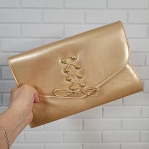 Vtg 80s‎ gold leather clutch shoulder bag corset shape lion head mob wife glam
